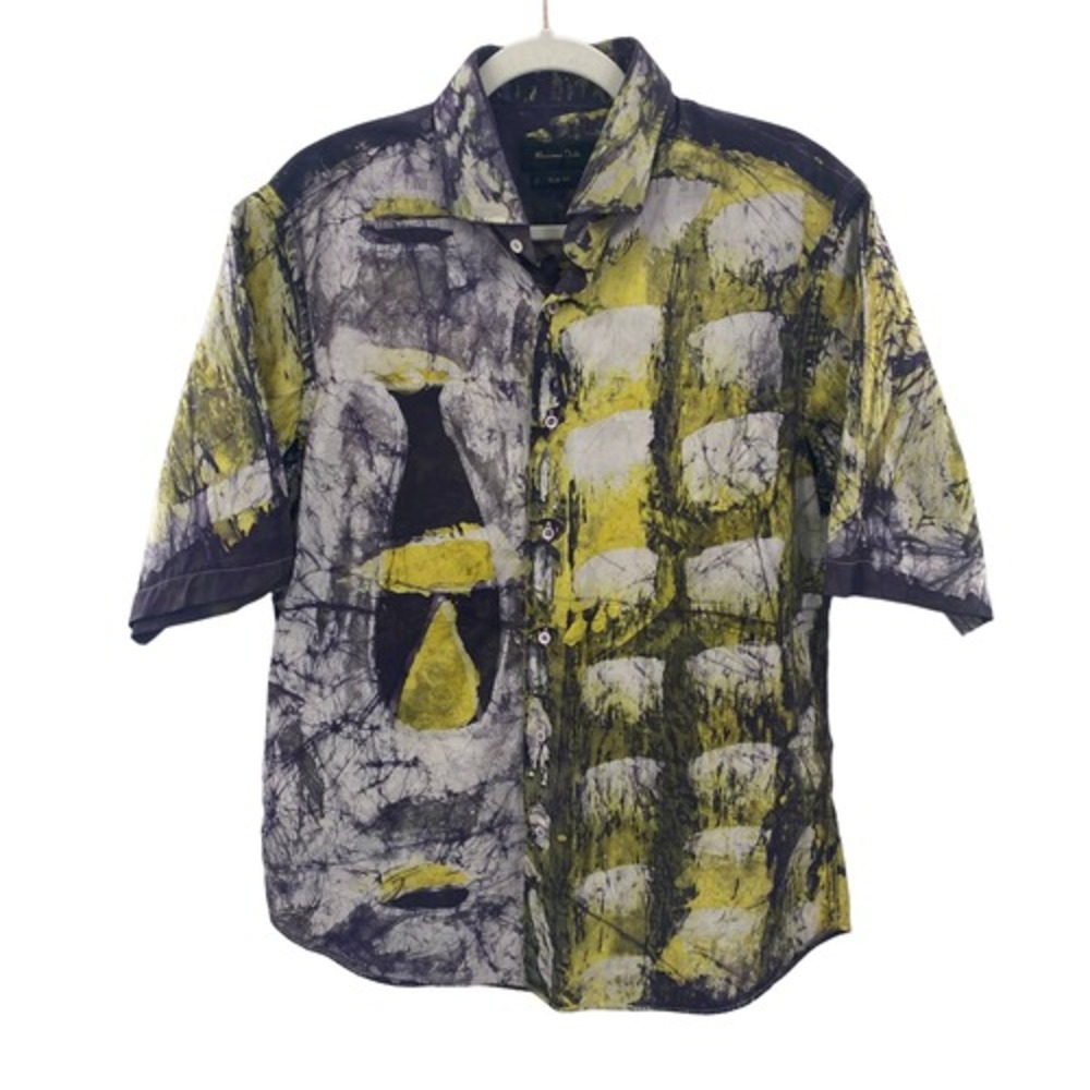 Mossimo Dutti Button Front Shirt Mens 44 / 17.5 Slim Fit Purple Yellow Abstract